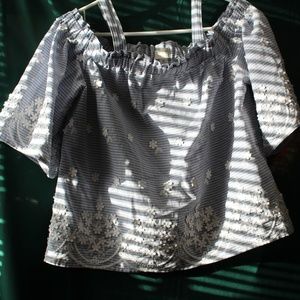 White & Blue Striped Blouse w/ Embroidered Flowers